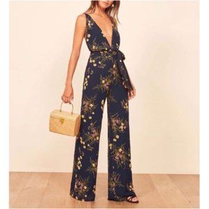 Reformation Sofi Jumpsuit Mademoiselle Floral Navy 4 Cross Back Plunge Neckline